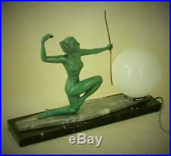 Superb French Original Art Deco Diana The Huntress Spelter And Marble Lamp