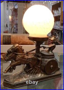 Table LAMP ART Deco Glass Shade Bronze SPELTER Chariot Horses Gladiator Works
