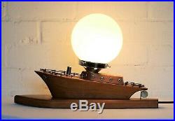Table Lamp Original 1930s Art Deco Wooden Boat Nautical & Globe Glass Shade