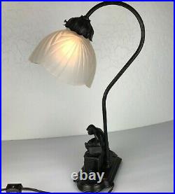 Table Lamp Vintage Gooseneck Bronze Monkey Sitting on Books Art Deco Glass Shade