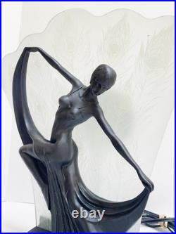 The Dancer, Beautiful Art Deco Table Lamp, Open Glass Shade, Peacock Feathers