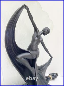 The Dancer, Beautiful Art Deco Table Lamp, Open Glass Shade, Peacock Feathers