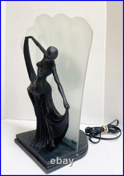 The Dancer, Beautiful Art Deco Table Lamp, Open Glass Shade, Peacock Feathers