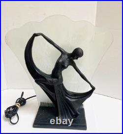 The Dancer, Beautiful Art Deco Table Lamp, Open Glass Shade, Peacock Feathers