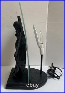The Dancer, Beautiful Art Deco Table Lamp, Open Glass Shade, Peacock Feathers