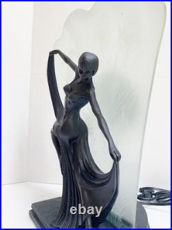 The Dancer, Beautiful Art Deco Table Lamp, Open Glass Shade, Peacock Feathers