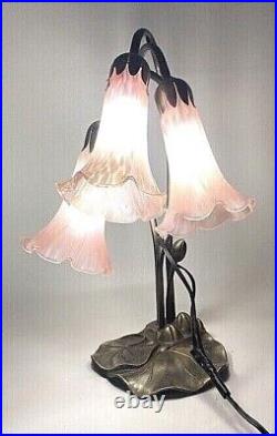 Tiffany Style Lily Pad Table Lamp 3 Pink Frosted Art Glass Tulip Shades Art Deco