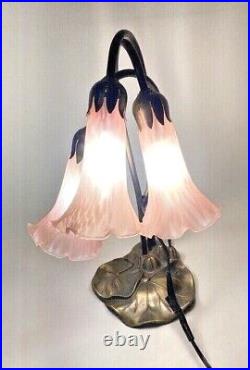 Tiffany Style Lily Pad Table Lamp 3 Pink Frosted Art Glass Tulip Shades Art Deco