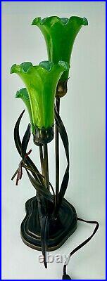 Tiffany like Lamp Three Tulip with Dragonfly Green