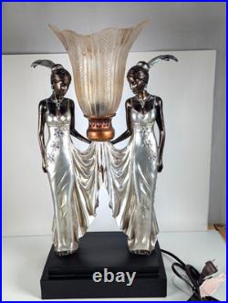 Toscano Art Deco Style Peacock Twin Maiden Table Lamp Beautiful Ladies Torchier