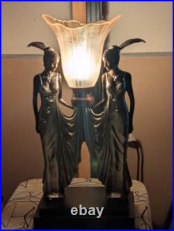 Toscano Art Deco Style Peacock Twin Maiden Table Lamp Beautiful Ladies Torchier