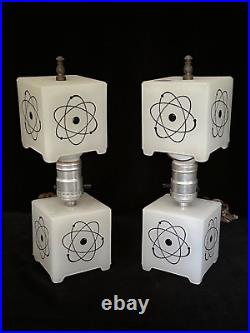 Unique PAIR ATOMIC LAMPS Milk Glass ART DECO Mid-Century Modern c1957
