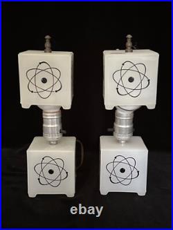 Unique PAIR ATOMIC LAMPS Milk Glass ART DECO Mid-Century Modern c1957