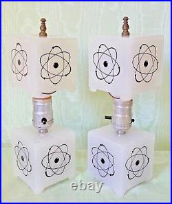 Unique PAIR ATOMIC LAMPS Milk Glass ART DECO Mid-Century Modern c1957