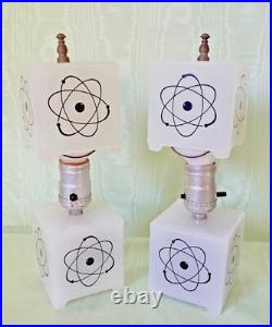 Unique PAIR ATOMIC LAMPS Milk Glass ART DECO Mid-Century Modern c1957