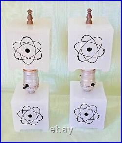 Unique PAIR ATOMIC LAMPS Milk Glass ART DECO Mid-Century Modern c1957
