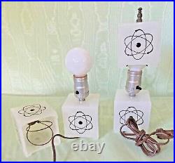 Unique PAIR ATOMIC LAMPS Milk Glass ART DECO Mid-Century Modern c1957