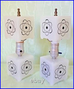 Unique PAIR ATOMIC LAMPS Milk Glass ART DECO Mid-Century Modern c1957