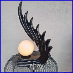 VINTAGE ART DECO 1980's CASCADING WING FLAME LAMP BLACK CERAMIC