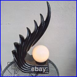 VINTAGE ART DECO 1980's CASCADING WING FLAME LAMP BLACK CERAMIC