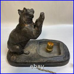 VINTAGE ART DECO FIGURAL BEAR SPELTER LAMP SIGNED T. CARTIER, Missing Shade