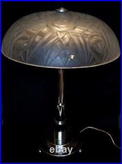 VINTAGE FRENCH ART DECO CHROMED BRASS TABLE LAMP ART GLASS SHADE by NOVERDY 1930