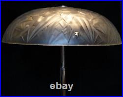 VINTAGE FRENCH ART DECO CHROMED BRASS TABLE LAMP ART GLASS SHADE by NOVERDY 1930