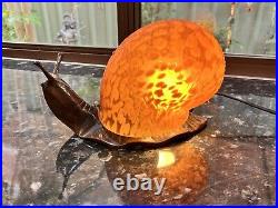 VINTAGE French Style Glass Brass Metal Snail Lamp for Table Amber Swirl Art Deco
