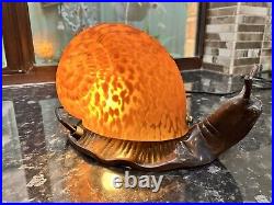 VINTAGE French Style Glass Brass Metal Snail Lamp for Table Amber Swirl Art Deco