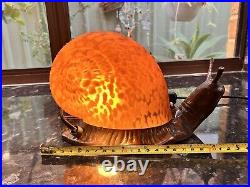 VINTAGE French Style Glass Brass Metal Snail Lamp for Table Amber Swirl Art Deco