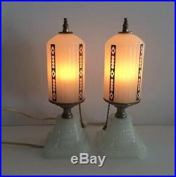 VINTAGE PAIR 1920's-1930's WHITE MILK GLASS ART DECO BULLET BOUDOIR VANITY LAMPS