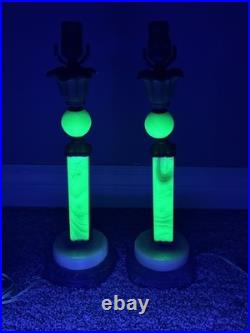 VINTAGE PAIR of ART DECO VASELINE URANIUM JADEITE AKRO TABLE LAMPS 19 1/2