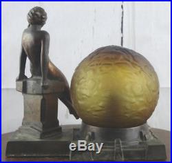 VTG 1920s Antique Art Deco Nude Lady Lamp Nuart Frankart Amber Glass Globe Shade