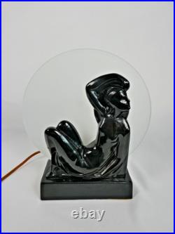 VTG 1986 Sarsaparilla NJ Art Deco Black Metal Nude Woman Lamp with Glass Moon