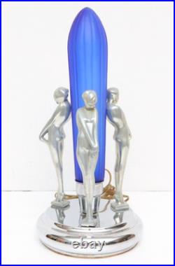 VTG ART DECO Rocket COLBALT BLUE GLASS 3 Nude Nymph Woman TABLE LAMP Sarasparlla