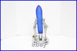 VTG ART DECO Rocket COLBALT BLUE GLASS 3 Nude Nymph Woman TABLE LAMP Sarasparlla