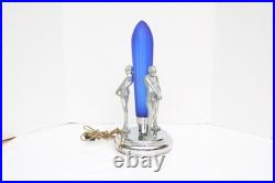 VTG ART DECO Rocket COLBALT BLUE GLASS 3 Nude Nymph Woman TABLE LAMP Sarasparlla