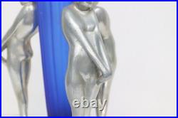 VTG ART DECO Rocket COLBALT BLUE GLASS 3 Nude Nymph Woman TABLE LAMP Sarasparlla