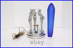 VTG ART DECO Rocket COLBALT BLUE GLASS 3 Nude Nymph Woman TABLE LAMP Sarasparlla