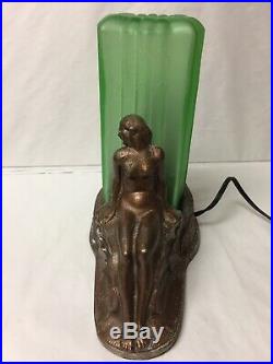 VTG ART DECO SPELTER FIGURAL LADIES LAMP With VASELINE URANIUM GREEN GLASS SHADE