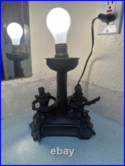 VTG Antique 1940s Art Deco Noveau 2 Musician Spelter Shade Tree Trunk Table Lamp
