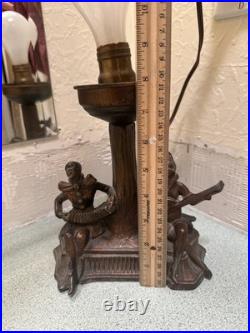 VTG Antique 1940s Art Deco Noveau 2 Musician Spelter Shade Tree Trunk Table Lamp