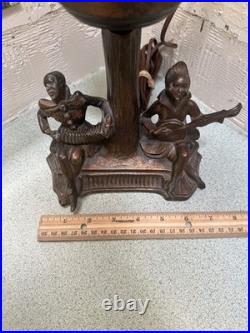VTG Antique 1940s Art Deco Noveau 2 Musician Spelter Shade Tree Trunk Table Lamp