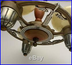 VTG Antique Art Deco 3 Light Chandelier Slip Shade Custard Glass Hanging Ceiling