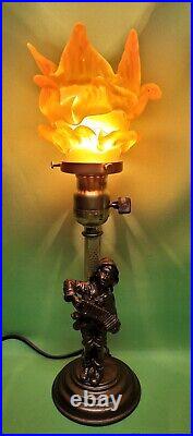 VTG Art Deco Boy Accordion Figural Table Lamp Flame Flower Globe Shade Brass