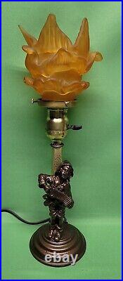 VTG Art Deco Boy Accordion Figural Table Lamp Flame Flower Globe Shade Brass