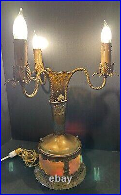 VTG Art Deco Brass Amber Glass Electric 3 Arm Candelabra Table Lamp Lighted Base