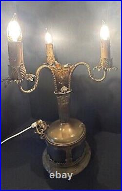 VTG Art Deco Brass Amber Glass Electric 3 Arm Candelabra Table Lamp Lighted Base