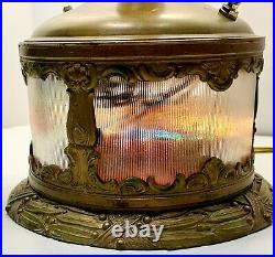 VTG Art Deco Brass Amber Glass Electric 3 Arm Candelabra Table Lamp Lighted Base