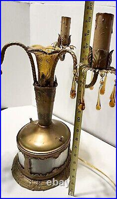 VTG Art Deco Brass Amber Glass Electric 3 Arm Candelabra Table Lamp Lighted Base